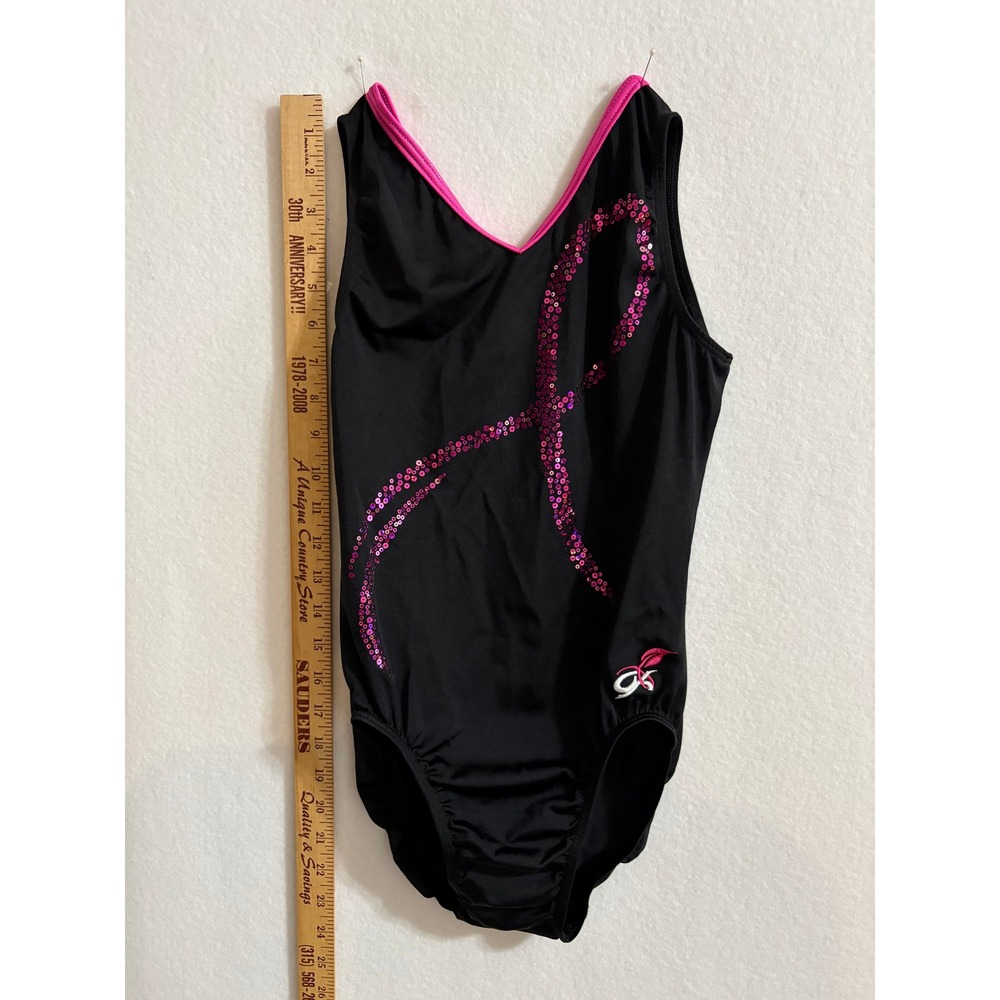 GK Elite Breast Cancer Awareness Leotard Black Pink Sequin Ribbon Gymnastics